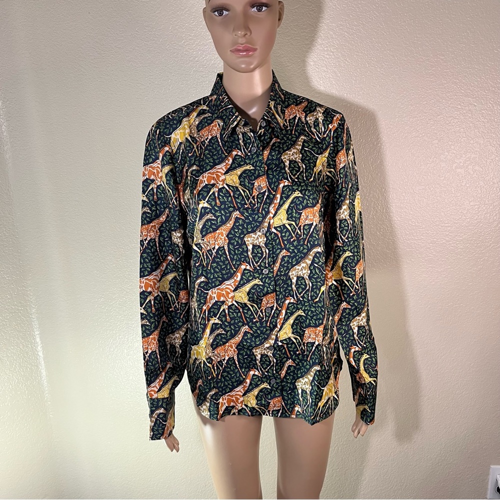 J CREW Collection Silk Twill Shirt Button Blouse Long Sleeve in Giraffes Size 12